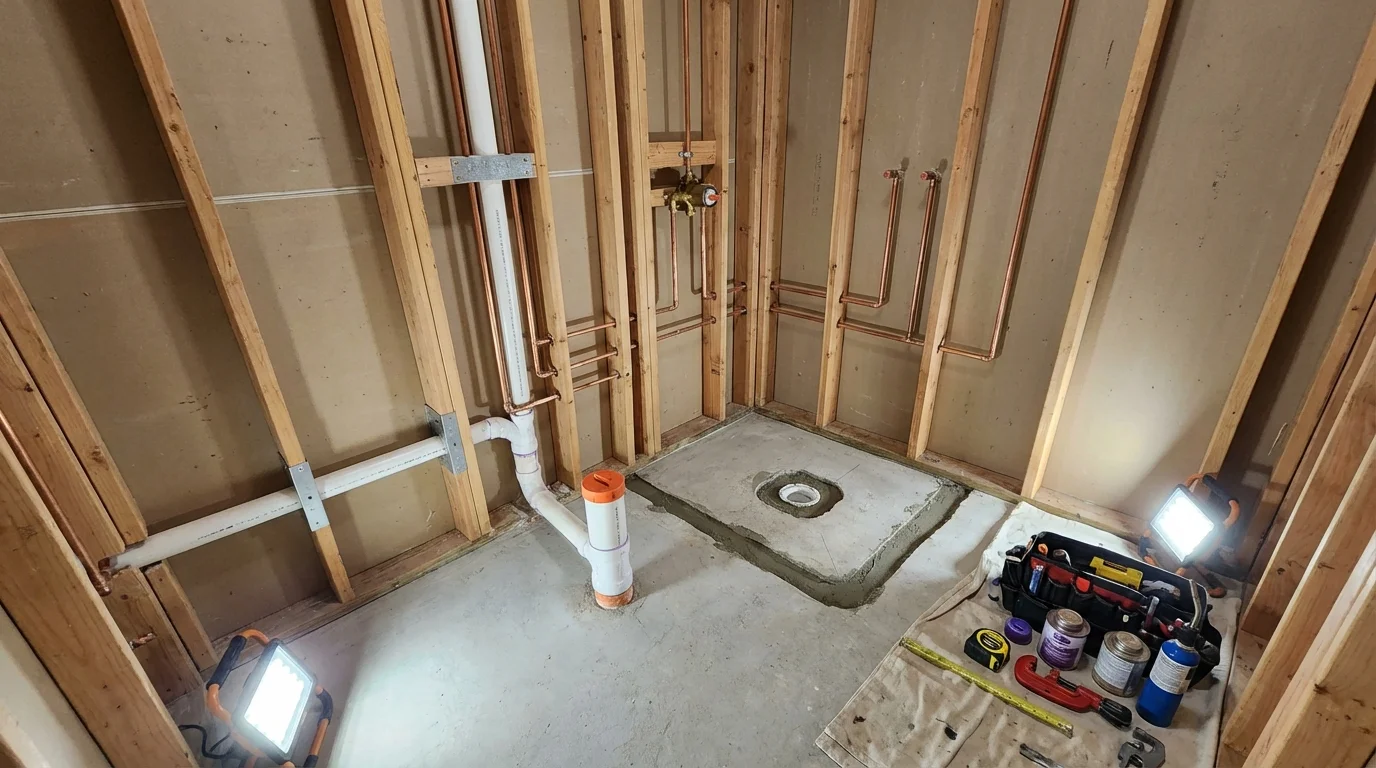 Bathroom rough-in plumbing during remodel by Johns Plumbing LLC in Parkersburg