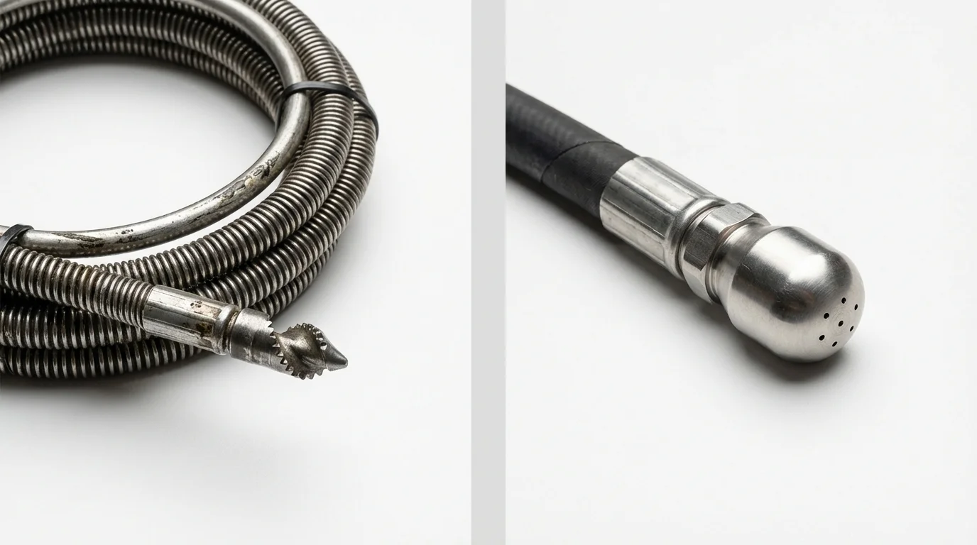 Drain snake cable and hydro jetting nozzle used for drain cleaning in Parkersburg, IA