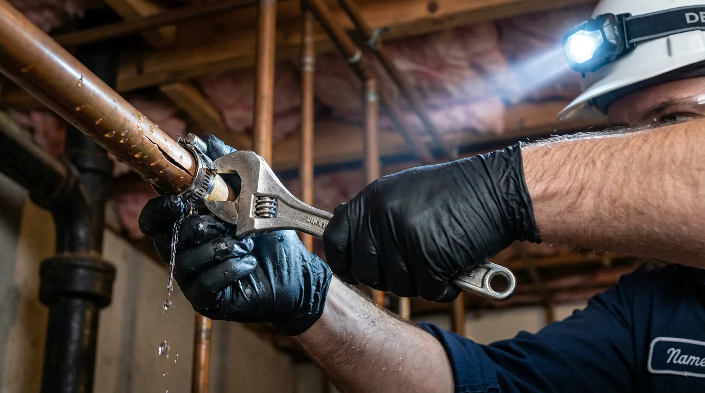 Emergency pipe clamp repair being performed by a Johns Plumbing LLC plumber in Parkersburg