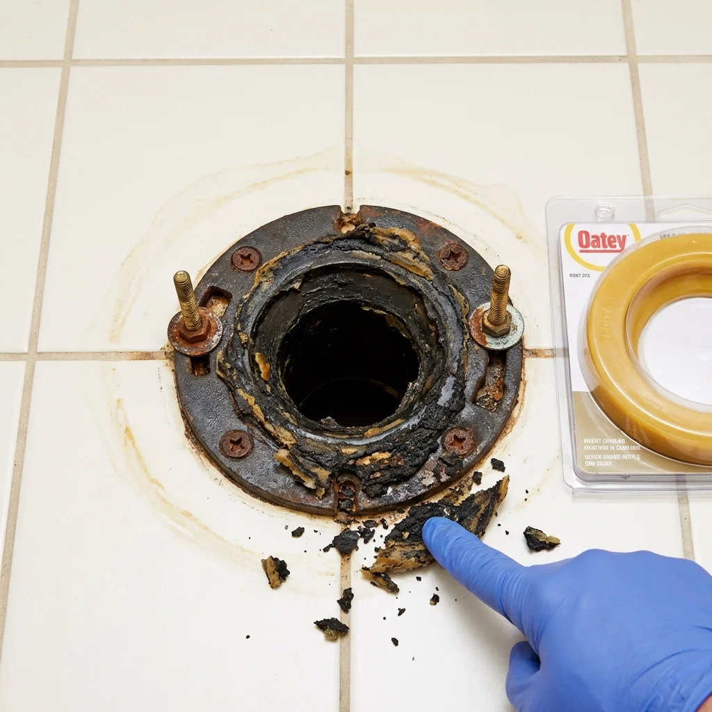 Failed wax ring showing water seepage at the base of a toilet in a Parkersburg, IA home