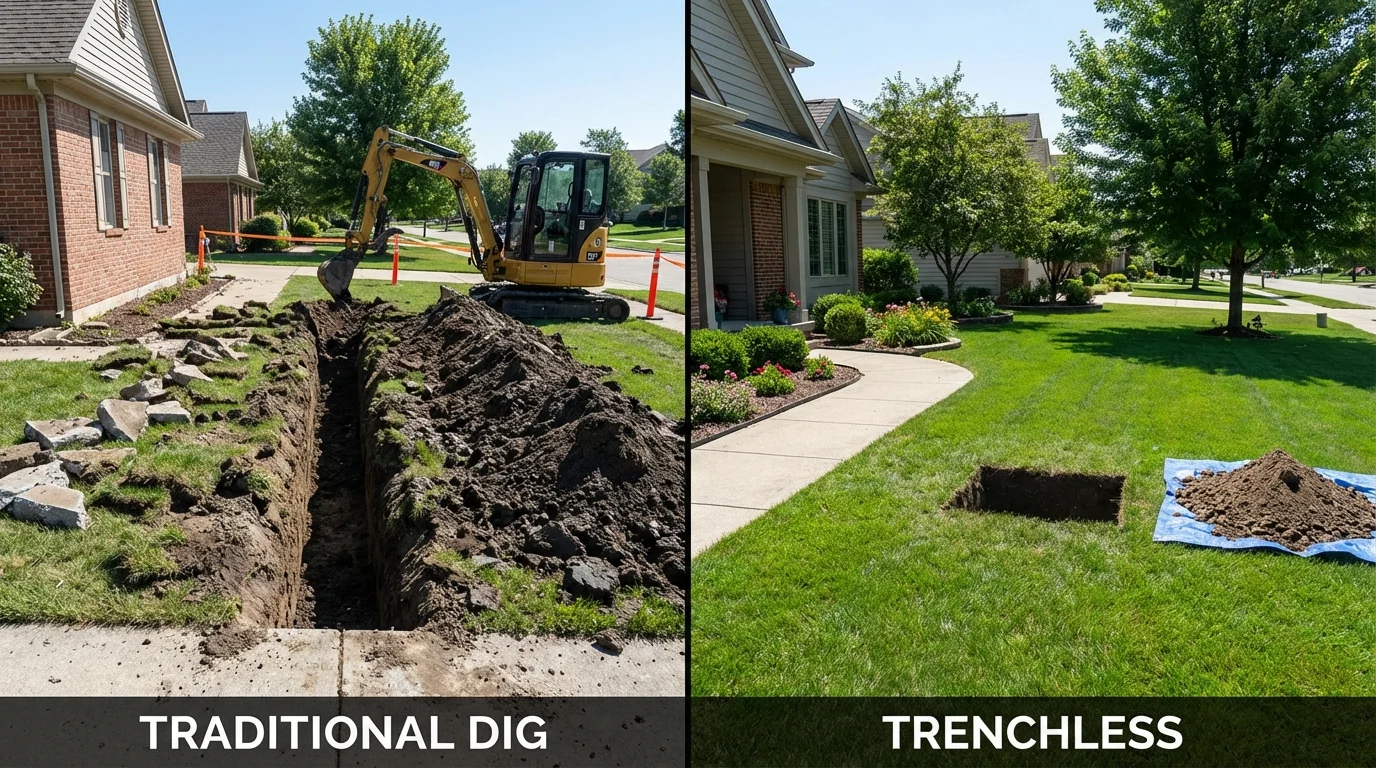 Trenchless sewer repair with minimal yard damage versus traditional excavation in Parkersburg, IA