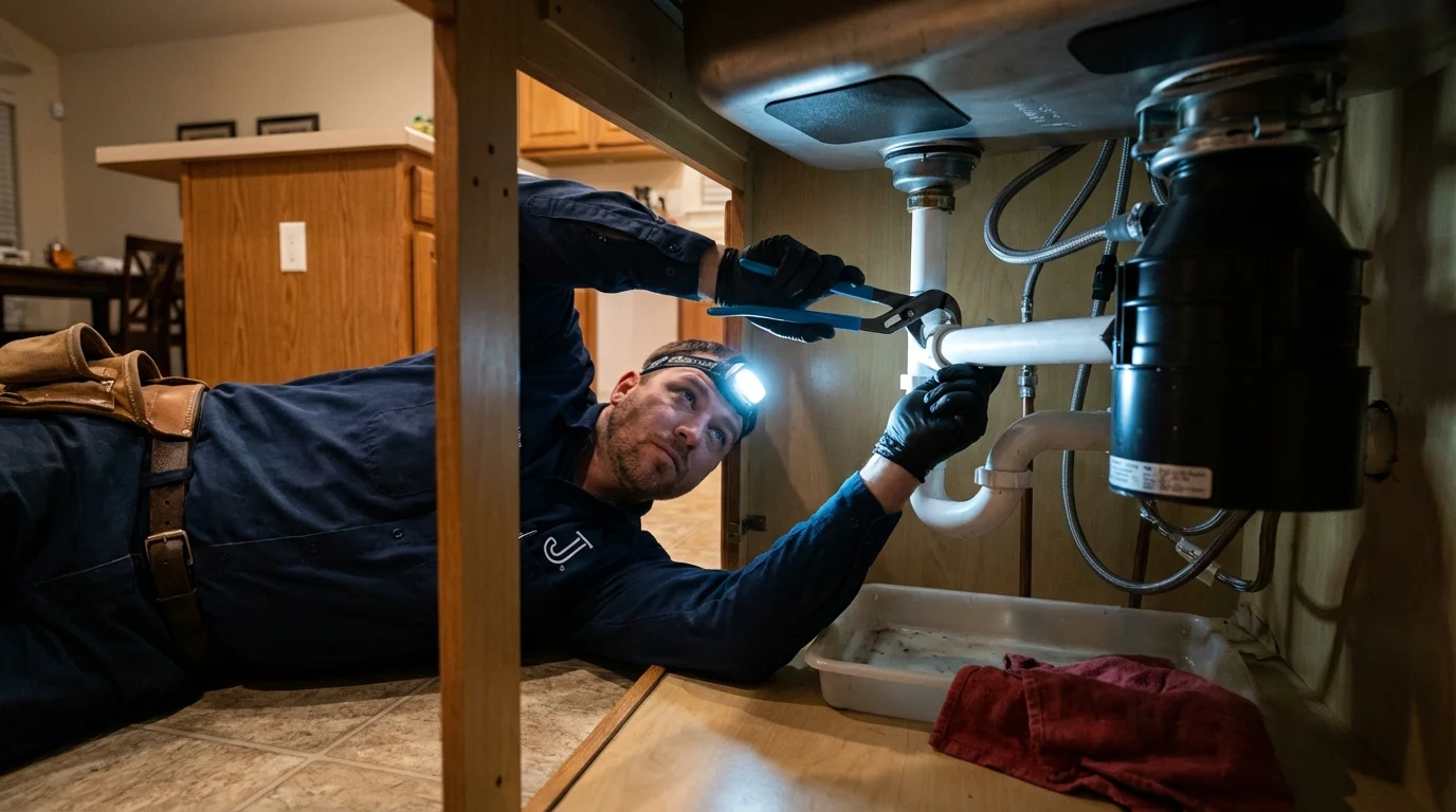P-trap and supply line connections under a kitchen sink showing a common leak point in Parkersburg, IA